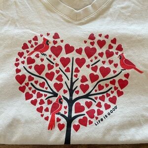 Life is Good Cream V-Neck Tee with Red Heart Tree/Cardinals Graphic (WL)